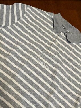 Malbon Men’s Polo Shirt Large Gray White Stripe 100% Cotton Embroidered Logo